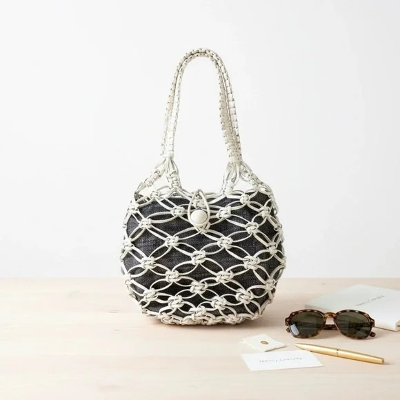 Nancy Gonzalez Rare Handwoven Genuine Crocodile Net Bag ivory & Black Leather - Picture 2 of 16